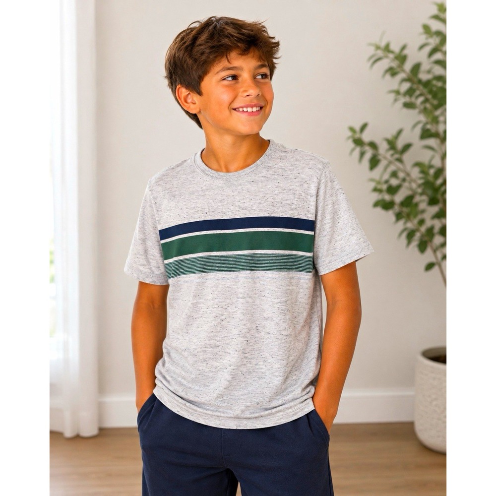 Cat & Jack Boys M 8/10 Gray Blue Green Striped Crew Neck Short Sleeve T-Shirt